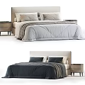 Modern Double Bed In Cozy Bedroom With Upholstered Headboard Pillows Bedspread And Nightstand