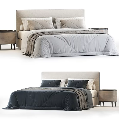 Modern Double Bed In Cozy Bedroom With Upholstered Headboard Pillows Bedspread And Nightstand 3d model