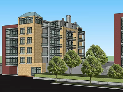 Modern Multi Story Brick Building With Glass Windows And Green Trees Around 3d model
