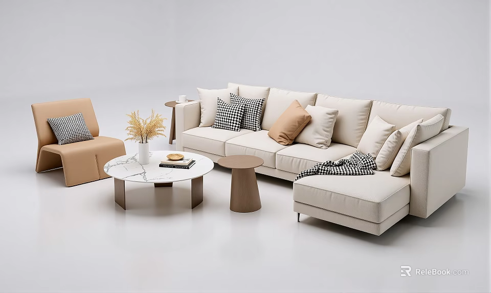 Casual Sofa Set with L shaped Design Armchair Throw Pillows and Marble Coffee Table 3d model 