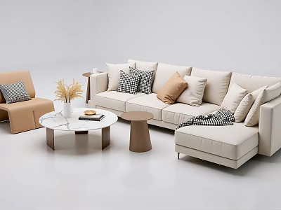 Casual Sofa Set with L shaped Design Armchair Throw Pillows and Marble Coffee Table 3d model