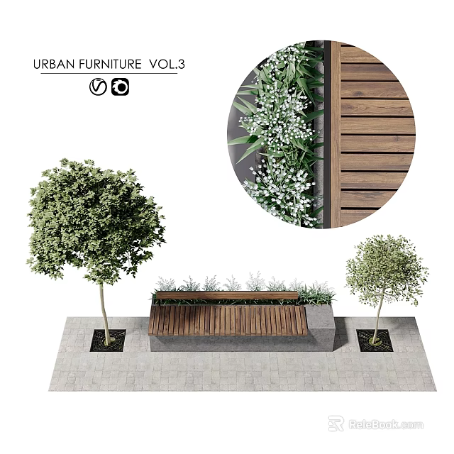 Urban Garden Decor Features With Wooden Bench Green Foliage And Trees On Slate Pavement 3d model 