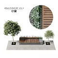 Urban Garden Decor Features With Wooden Bench Green Foliage And Trees On Slate Pavement