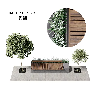 Urban Garden Decor Features With Wooden Bench Green Foliage And Trees On Slate Pavement 3d model