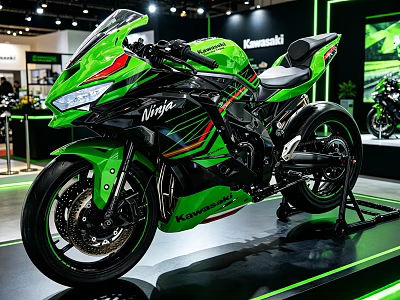 Green Kawasaki Ninja Motorcycle On Display At Exhibition With Sporty Design 3d model