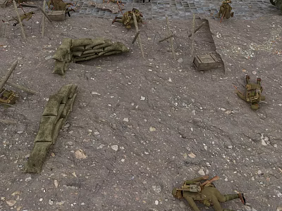 Cartoon Battlefield Scene With Military Figures Stretchers And Wooden Crates On Stony Ground 3d model