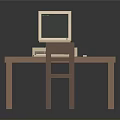 Brown Wooden Desk And Chair Furniture Set With Vintage Computer On Table For Home Office