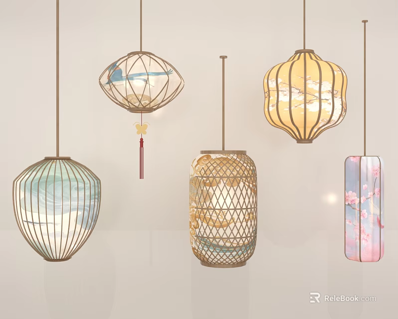 Decorative Lanterns Featuring Various Traditional Modern Designs Bamboo Frames and Scenic Patterns 3d model 