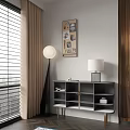 Modern Entryway Console Table And Side Cabinet With Table Lamp And Wall Decor