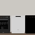 Modern Kitchen Appliances Black Oven White Dishwasher And Black Refrigerator On Wooden Countertop