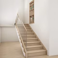 Modern Interior Staircase With Wooden Steps Glass Railing And Wall Shelves On White Wall