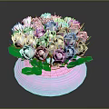Fresh White Roses Bouquet In Pink Vase With Vibrant Green Leaves