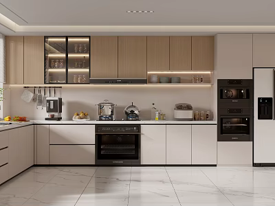 Modern Kitchen Interior With Wooden Cabinets White Countertops Appliances And Bright Lighting On Marble Flooring 3d model