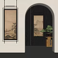 Traditional Chinese Interior With Scroll Paintings Archway And Bonsai Tree