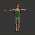 Man Wearing Red And Green Hat Green Striped Vest Green Shorts Backpack Arms Outstretched