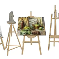 Art Supplies Display With Wooden Easels Paintings And Plaster Statue