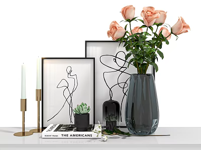 Decorative Ornament Set With Pink Roses Black Vase Line Art Frames Candles Succulent And Books 3d model