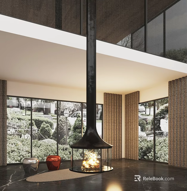 Modern Black Fireplace In Interior With Large Windows Green Outdoor View And Decorative Items 3d model 