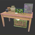 Vintage Items On Wooden Table With Clay Pots Old Radio And Wicker Basket