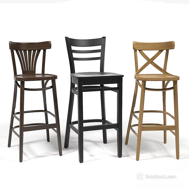 Three Different Colored Wooden Bar Stools With Modern Design In Brown Black And Light Wood 3d model 
