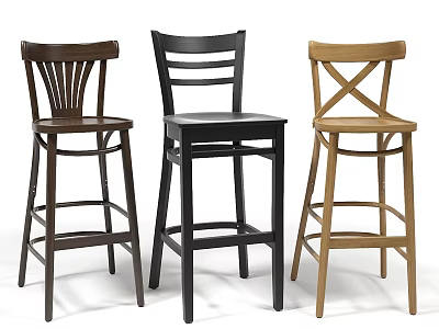 Three Different Colored Wooden Bar Stools With Modern Design In Brown Black And Light Wood 3d model