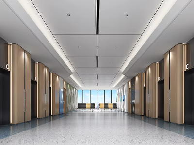 Elegant Modern Elevator Hallway With Doors Wood Metal Walls Linear Lights Gray Tiles Natural Light 3d model