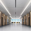 Elegant Modern Elevator Hallway With Doors Wood Metal Walls Linear Lights Gray Tiles Natural Light