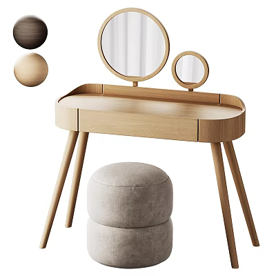 Modern Natural Wooden Dressing Table With Round Mirrors And Cushioned Stool 3d model