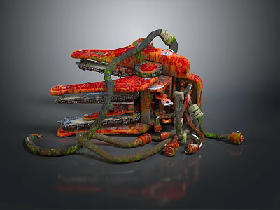 Biomechanical Monster Character Featuring Red Metal Body Green Tentacles And Chainsaw Appendages 3d model