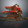 Biomechanical Monster Character Featuring Red Metal Body Green Tentacles And Chainsaw Appendages