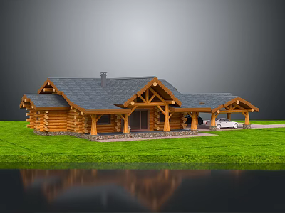Rustic Log Cabin Featuring Black Roof Wooden Porch Green Lawn White Car And Water Reflection 3d model