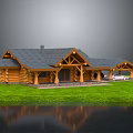 Rustic Log Cabin Featuring Black Roof Wooden Porch Green Lawn White Car And Water Reflection
