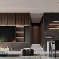 Modern Living and Dining Room Interior Design With Wooden Wall TV Fireplace and Coffee Table