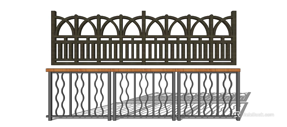 Decorative Metal Fence with Arched Top Rail and Wavy Bottom Railing Design 3d model 