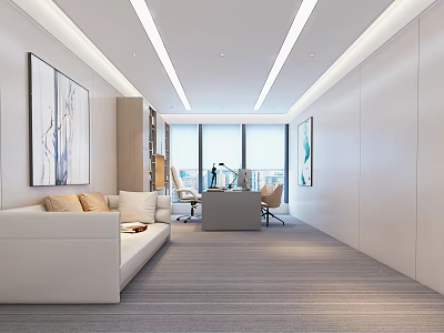 Modern Office Interior With White Sofa Desk Chairs Large Windows And Wall Paintings 3d model