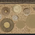 Woven Baskets Decor On Brick Wall With Wooden Ceiling And Stone Floor