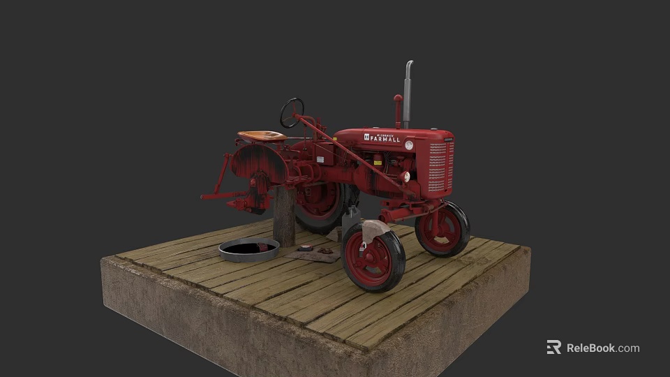 Red Satoh Tractor Displayed On Wooden Platform With Wheels And Parts 3d model 