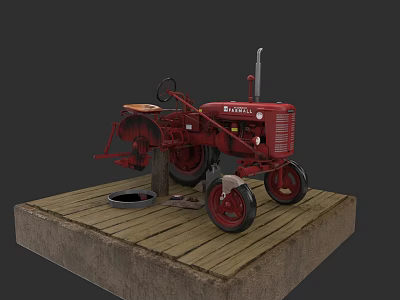 Red Satoh Tractor Displayed On Wooden Platform With Wheels And Parts 3d model