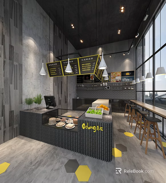 Modern Milk Tea Shop Interior With Bar Counter Fresh Fruits And Menu Boards 3d model 