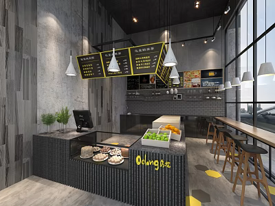 Modern Milk Tea Shop Interior With Bar Counter Fresh Fruits And Menu Boards 3d model