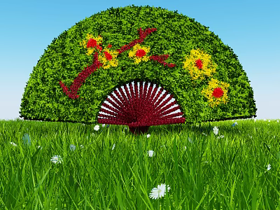 Green Fan Shaped Decorative Bush With Red Yellow Flowers In Grass Field 3d model