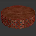Circular Wooden Decorative Stand With Carved Diamond Pattern Sides And Wooden Grain Top