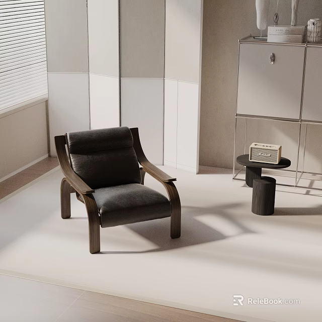 Black Leather Accent Chair With Wooden Frame And Side Table In Modern Minimalist Interior 3d model 
