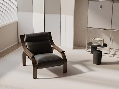 Black Leather Accent Chair With Wooden Frame And Side Table In Modern Minimalist Interior 3d model