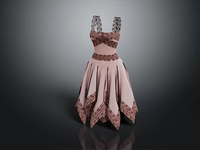Pink Evening Dress With Intricate Lace Patterns And Flared Skirt Design 3d model