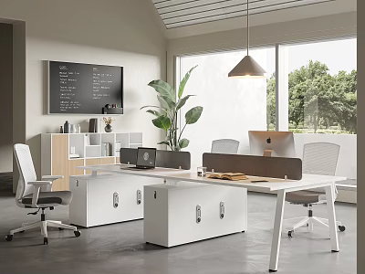 White Office Desk with Computer Chair and Green Plant in Open Office Space Natural Light 3d model