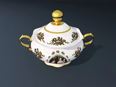 Elegant Ceramic Ware With Gold Lid Handles And Floral Figural Patterns 3d model