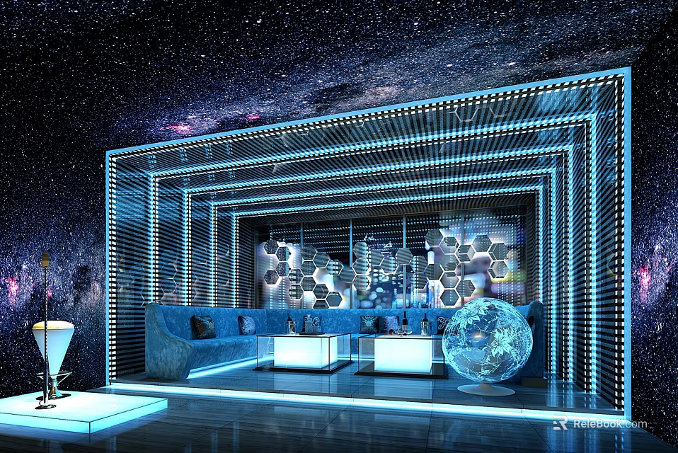 Modern KTV Room With Starry Sky Background Blue Lighting Sofa And Globe Decoration 3d model 