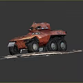 Red Armored Military Vehicle Model With Six Wheels Number 210 On Display Stand