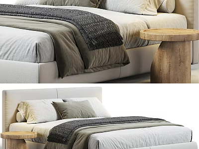 Modern Double Bed With Bedding And Wooden Side Table 3d model